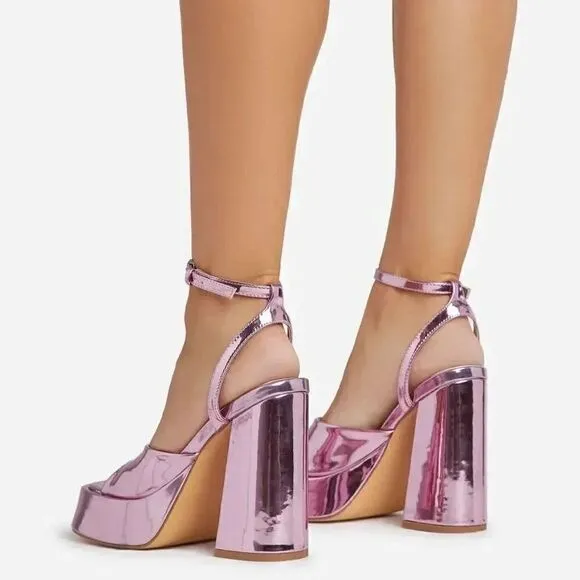 EGO NORRA ANKLE STRAP OPEN PEEP TOE PLATFORM BLOCK HEEL IN PINK PATENT