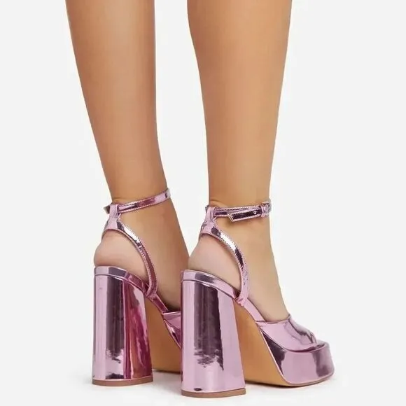 EGO NORRA ANKLE STRAP OPEN PEEP TOE PLATFORM BLOCK HEEL IN PINK PATENT
