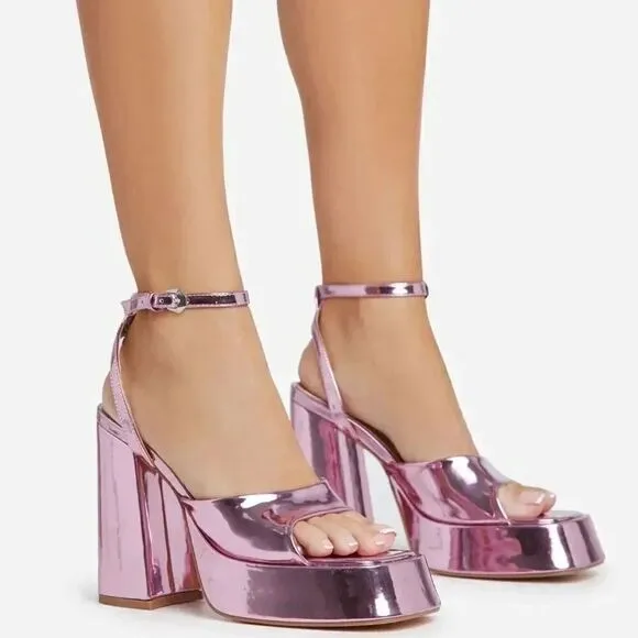 EGO NORRA ANKLE STRAP OPEN PEEP TOE PLATFORM BLOCK HEEL IN PINK PATENT