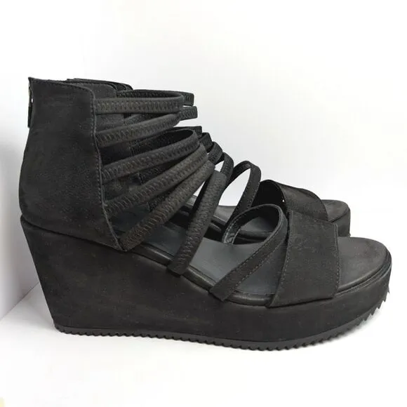 Eileen Fisher Black Suede Wavey Strappy Wedge Heel Platform Sandal Womens 9
