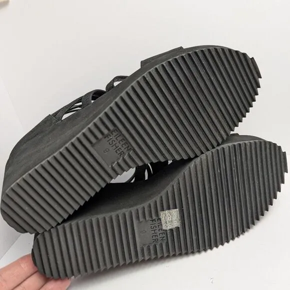 Eileen Fisher Black Suede Wavey Strappy Wedge Heel Platform Sandal Womens 9