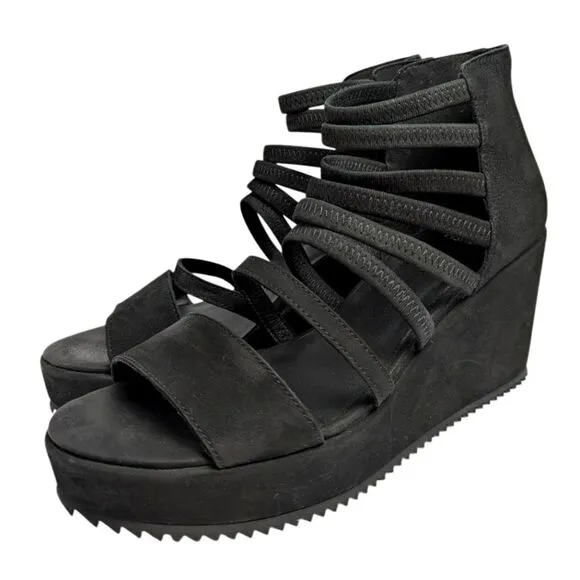 Eileen Fisher Black Suede Wavey Strappy Wedge Heel Platform Sandal Womens 9