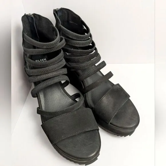 Eileen Fisher Black Suede Wavey Strappy Wedge Heel Platform Sandal Womens 9