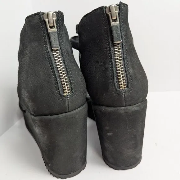 Eileen Fisher Black Suede Wavey Strappy Wedge Heel Platform Sandal Womens 9