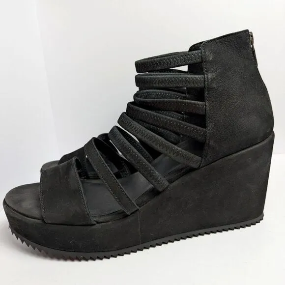 Eileen Fisher Black Suede Wavey Strappy Wedge Heel Platform Sandal Womens 9