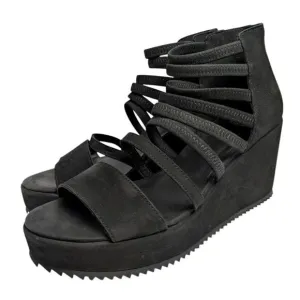 Eileen Fisher Black Suede Wavey Strappy Wedge Heel Platform Sandal Womens 9