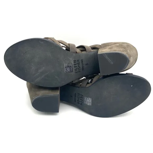 Eileen Fisher Fara Tumbled Nubuck Leather Heels Women’s Size 8 Stretch Strappy