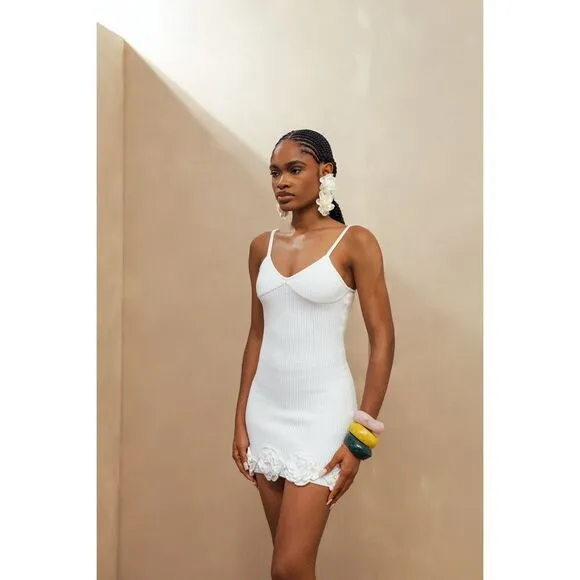 ELEXIAY Tami Rib Empire Waist Minidress handmade crochet In White size M NWT