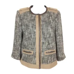 Elie Tahari Olive Green &amp; Brown Tweed Leather Trim Boxy Jacket Size 10