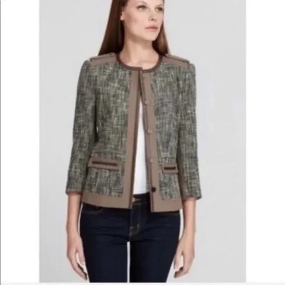 Elie Tahari Olive Green &amp; Brown Tweed Leather Trim Boxy Jacket Size 10
