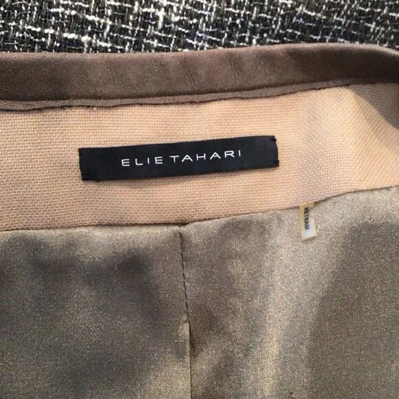 Elie Tahari Olive Green &amp; Brown Tweed Leather Trim Boxy Jacket Size 10