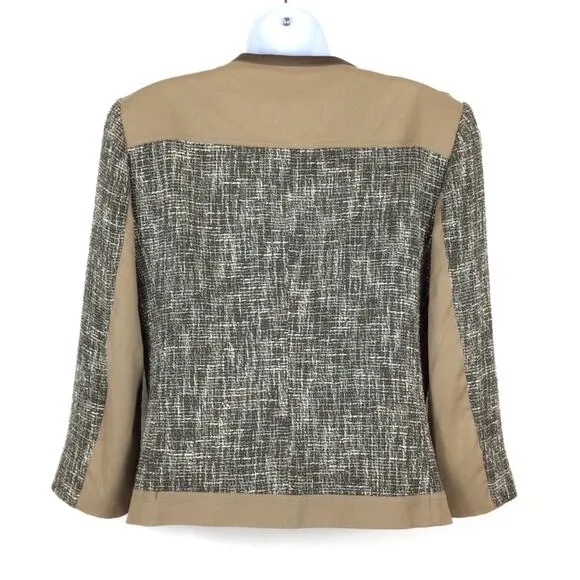 Elie Tahari Olive Green &amp; Brown Tweed Leather Trim Boxy Jacket Size 10