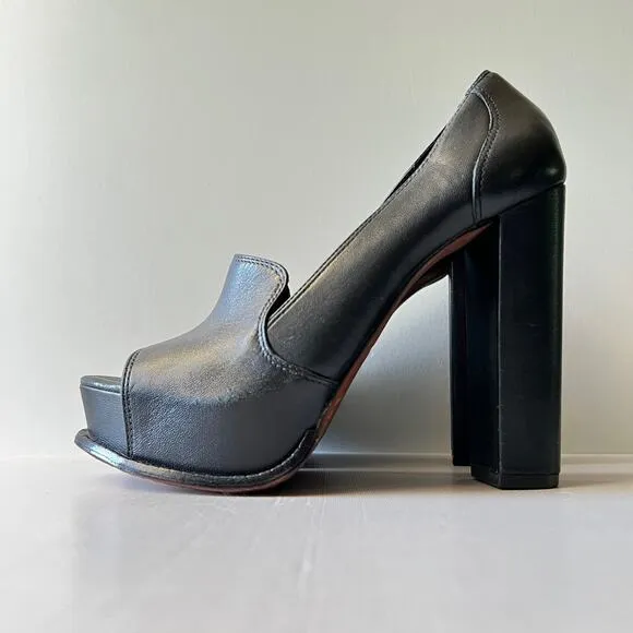 Elizabeth and James Mae Platform Pumps Black Heels Open Toe Leather Size 6.5