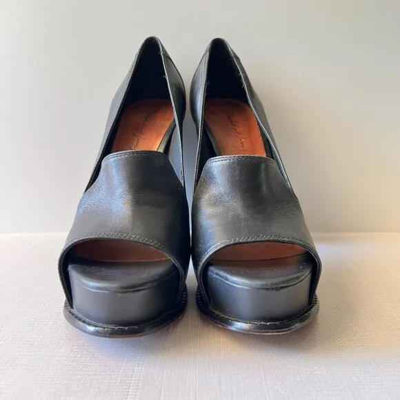 Elizabeth and James Mae Platform Pumps Black Heels Open Toe Leather Size 6.5