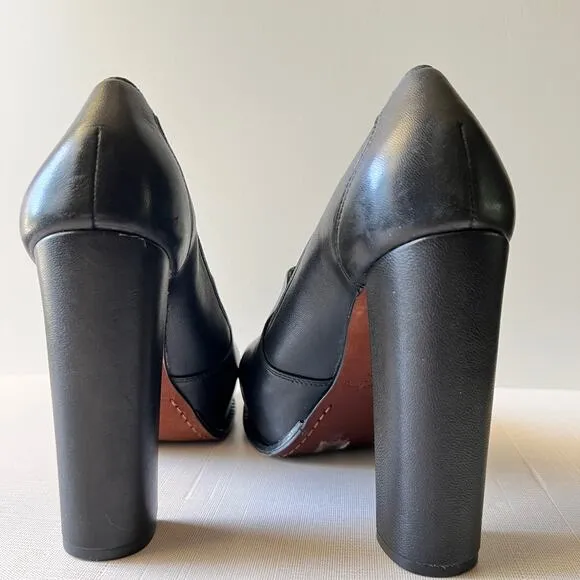 Elizabeth and James Mae Platform Pumps Black Heels Open Toe Leather Size 6.5