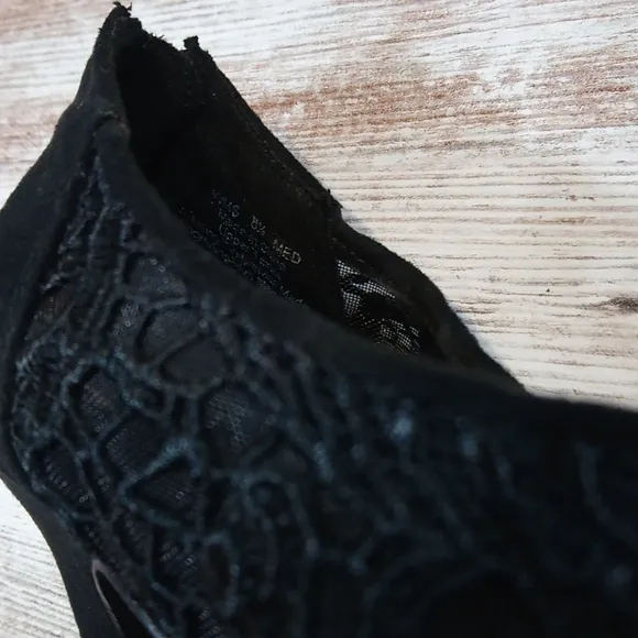 Elle Black Lace Suede Open Toe Heels with Zipper