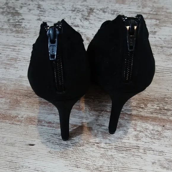 Elle Black Lace Suede Open Toe Heels with Zipper