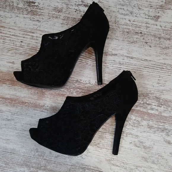 Elle Black Lace Suede Open Toe Heels with Zipper