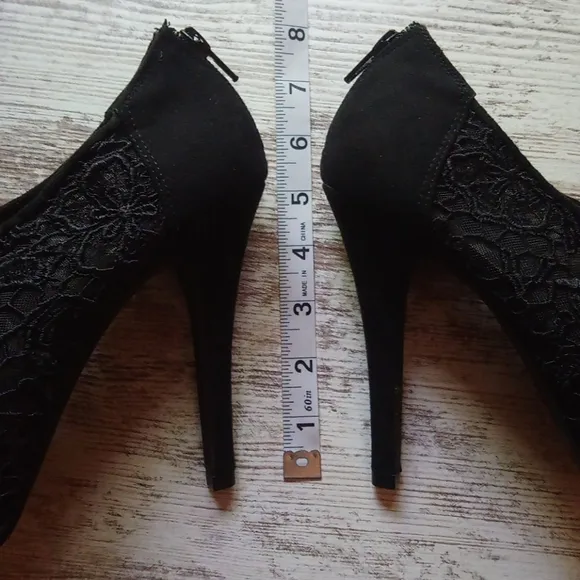 Elle Black Lace Suede Open Toe Heels with Zipper
