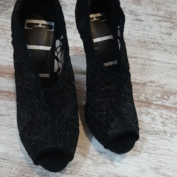 Elle Black Lace Suede Open Toe Heels with Zipper