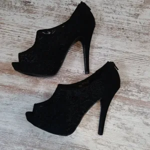 Elle Black Lace Suede Open Toe Heels with Zipper