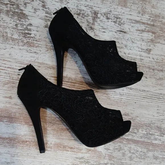 Elle Black Lace Suede Open Toe Heels with Zipper