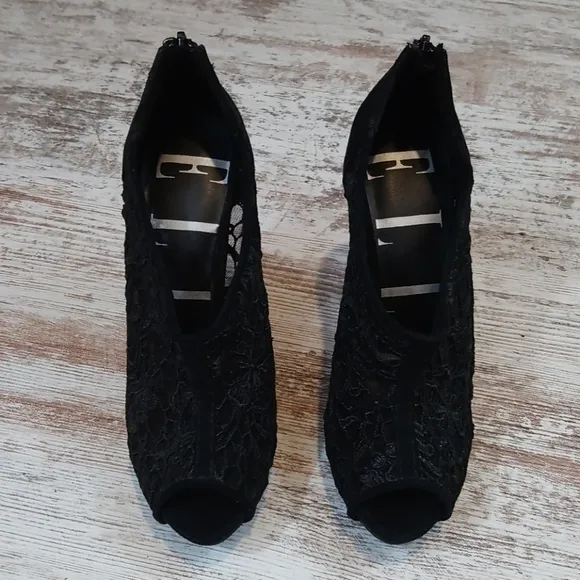 Elle Black Lace Suede Open Toe Heels with Zipper