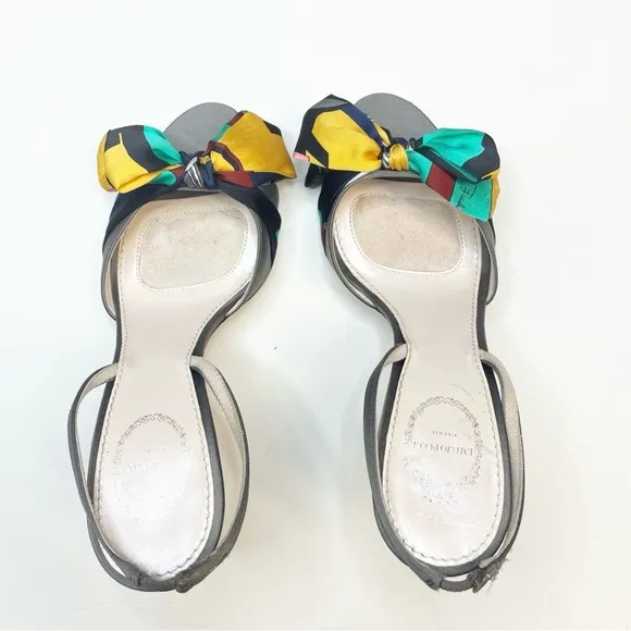 Emilio Pucci Silk Bow Open Toe Gray Slingback Heels Size 38.5