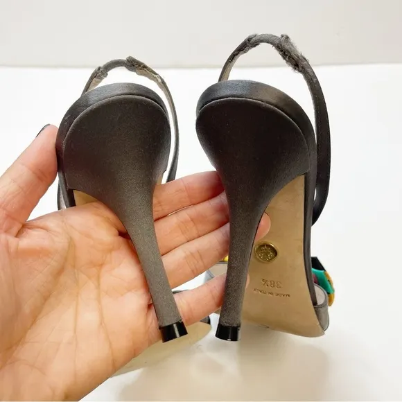 Emilio Pucci Silk Bow Open Toe Gray Slingback Heels Size 38.5