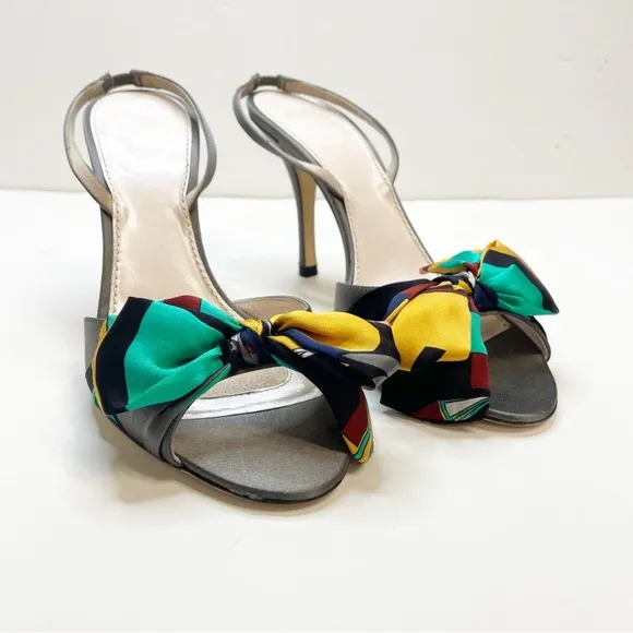 Emilio Pucci Silk Bow Open Toe Gray Slingback Heels Size 38.5