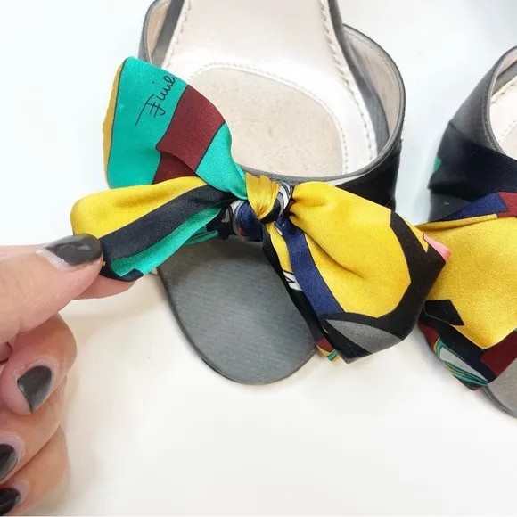 Emilio Pucci Silk Bow Open Toe Gray Slingback Heels Size 38.5