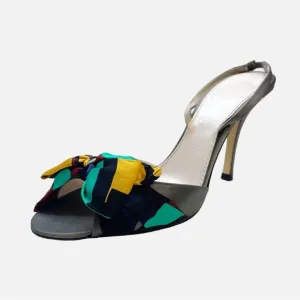Emilio Pucci Silk Bow Open Toe Gray Slingback Heels Size 38.5