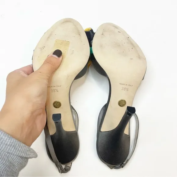 Emilio Pucci Silk Bow Open Toe Gray Slingback Heels Size 38.5