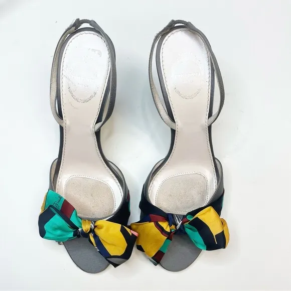 Emilio Pucci Silk Bow Open Toe Gray Slingback Heels Size 38.5