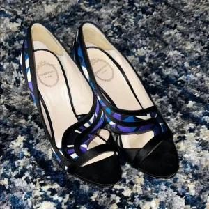 EMILIO PUCCI Blue Black Multicolor Satin High Heel Pump Italy EU 37.5 US 7.5