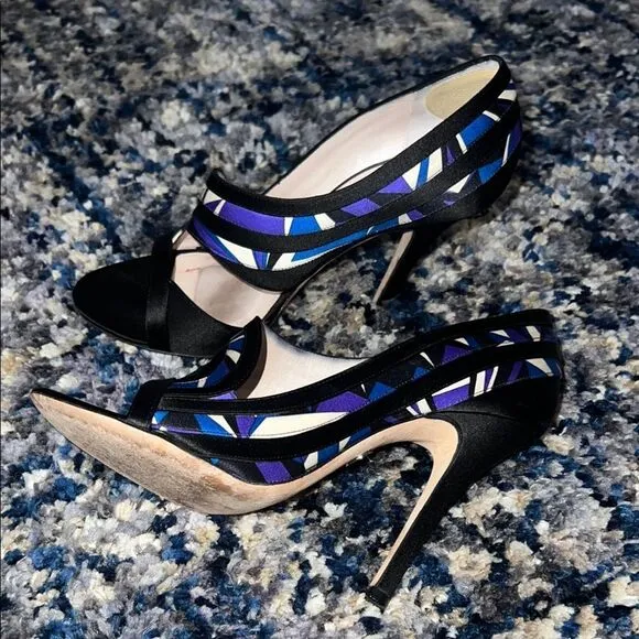 EMILIO PUCCI Blue Black Multicolor Satin High Heel Pump Italy EU 37.5 US 7.5