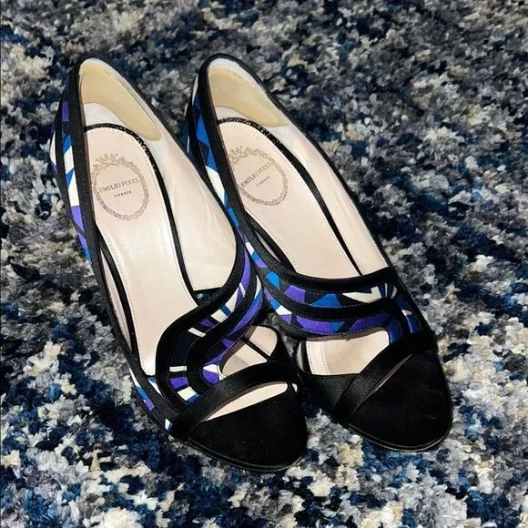 EMILIO PUCCI Blue Black Multicolor Satin High Heel Pump Italy EU 37.5 US 7.5