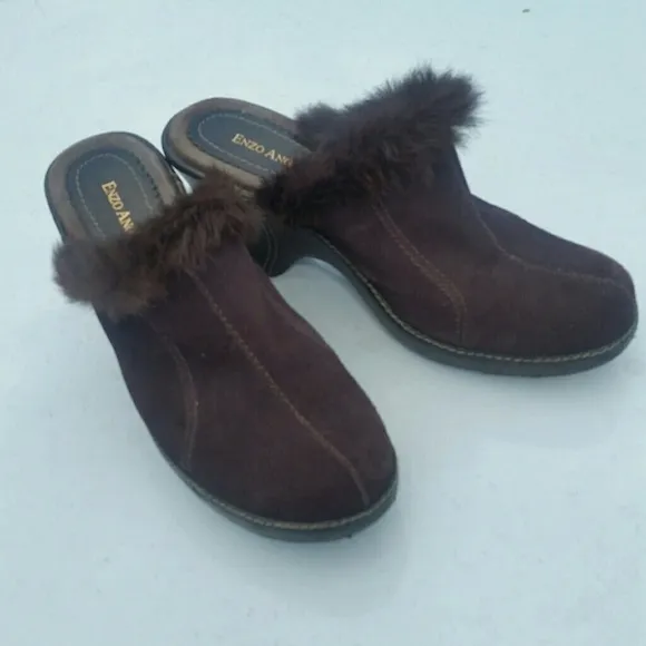 Enzo Angiolini Brown Suede Fur Trimmed Clogs EUC