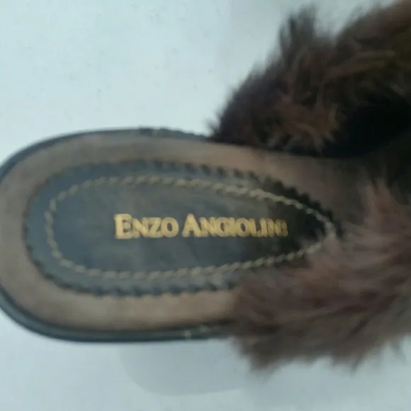 Enzo Angiolini Brown Suede Fur Trimmed Clogs EUC