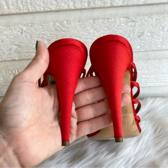 ESCADA Red Satin Silk Pleated Strappy Open Toe Heels sz. 36.5