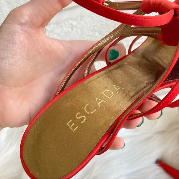 ESCADA Red Satin Silk Pleated Strappy Open Toe Heels sz. 36.5