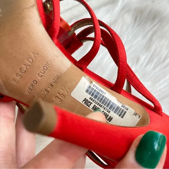 ESCADA Red Satin Silk Pleated Strappy Open Toe Heels sz. 36.5