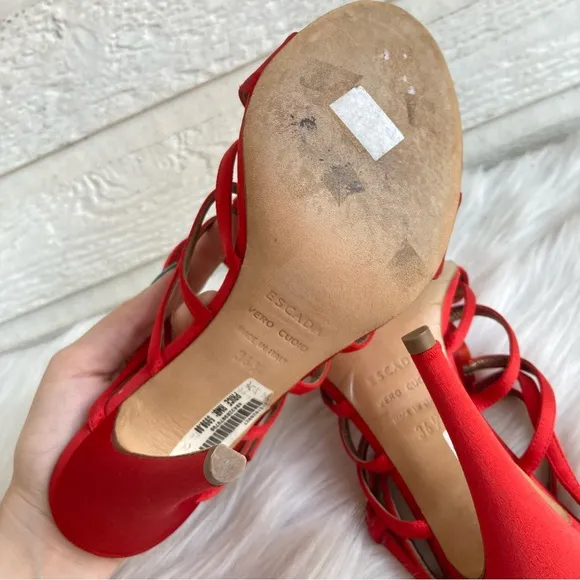 ESCADA Red Satin Silk Pleated Strappy Open Toe Heels sz. 36.5