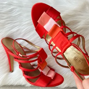 ESCADA Red Satin Silk Pleated Strappy Open Toe Heels sz. 36.5