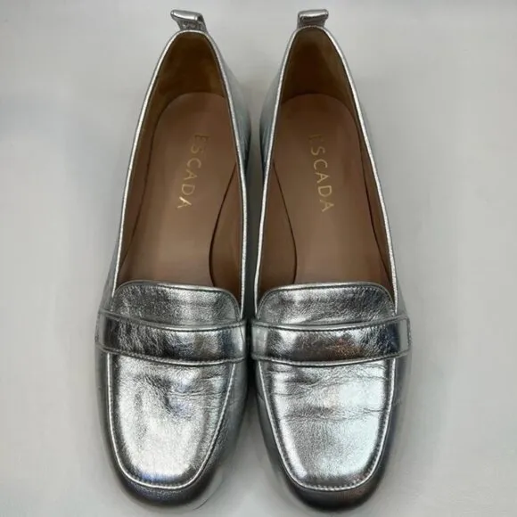 ESCADA Vero Cuoio Leather Made in Italy 🇮🇹 Silver Oxfords Flats Loafers Sz35.5