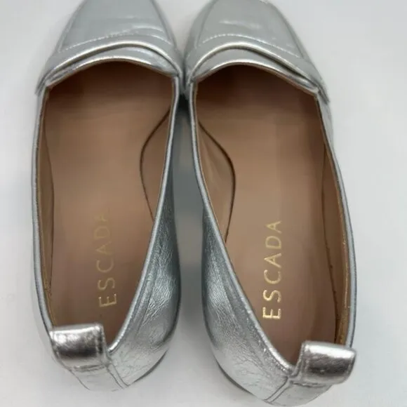 ESCADA Vero Cuoio Leather Made in Italy 🇮🇹 Silver Oxfords Flats Loafers Sz35.5