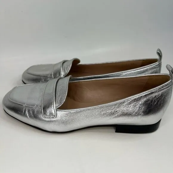 ESCADA Vero Cuoio Leather Made in Italy 🇮🇹 Silver Oxfords Flats Loafers Sz35.5