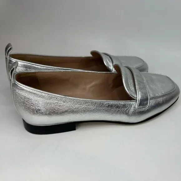 ESCADA Vero Cuoio Leather Made in Italy 🇮🇹 Silver Oxfords Flats Loafers Sz35.5