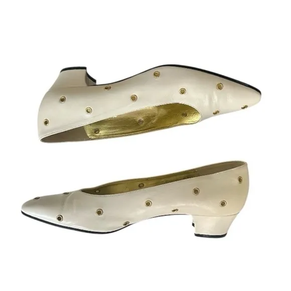 Escada White with Gold Grommets Leather Heels Size 7.5