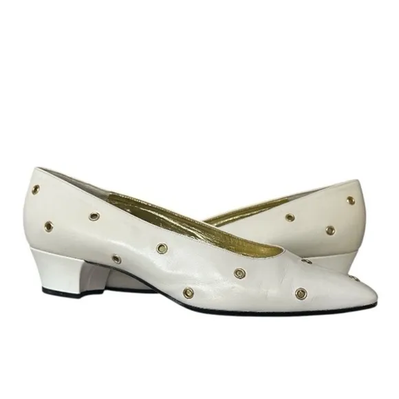 Escada White with Gold Grommets Leather Heels Size 7.5